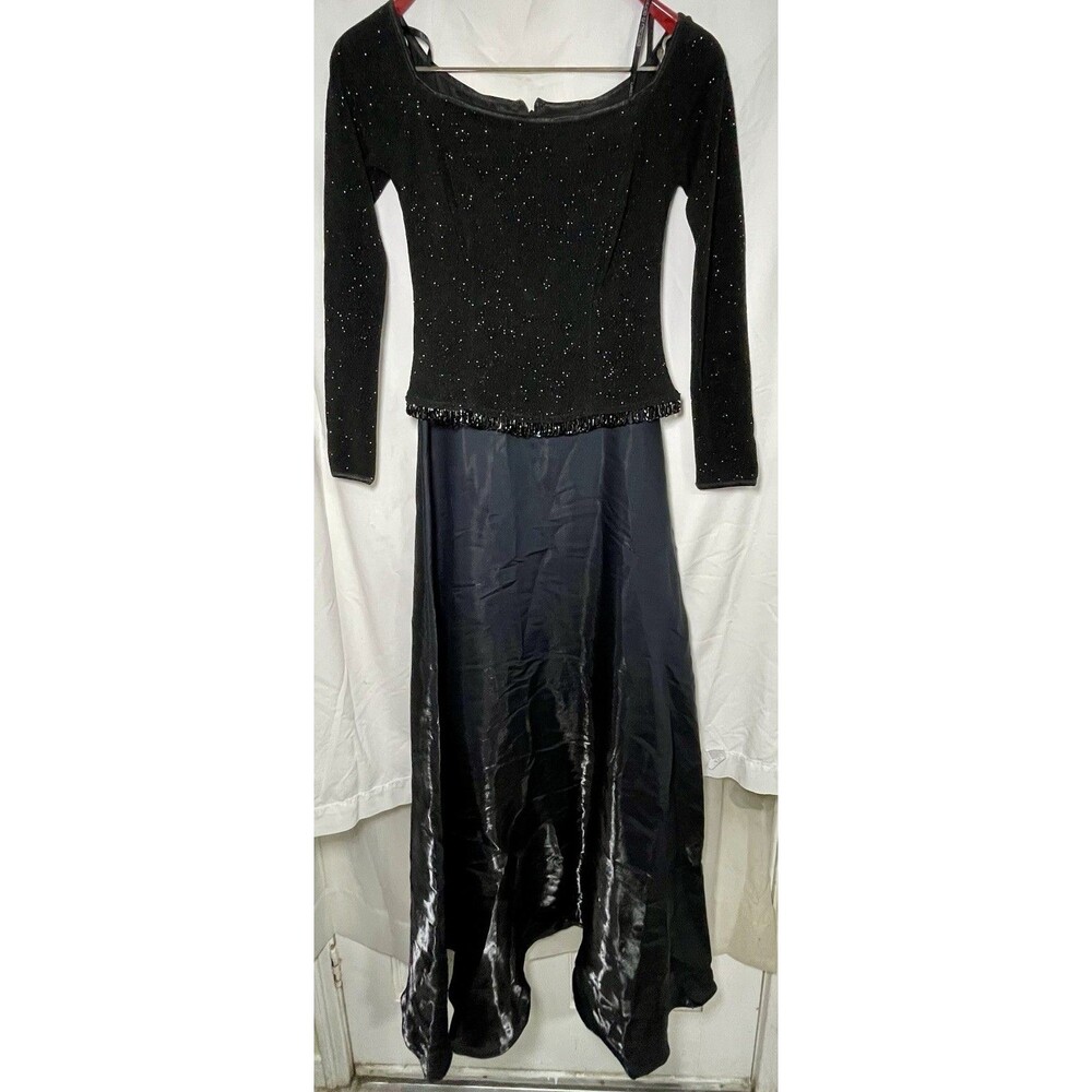 Vintage Betsy & Adam Sparkle Long Sleeve Evening Gown - Black Beaded Hem